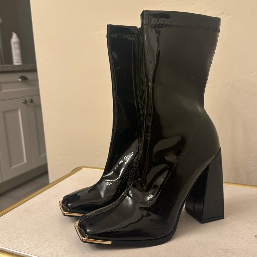 Patent faux leather block heel booties